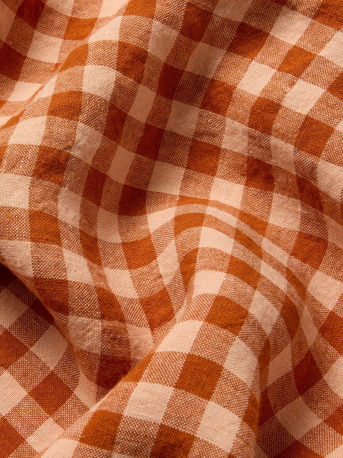 Cinnamon & Peach Colour Drenched Gingham Linen Blend Flat Sheet
