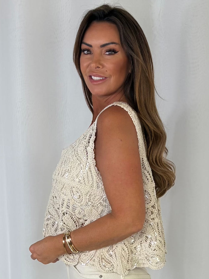 Crochet Swirl Detail Sequin Tank Top