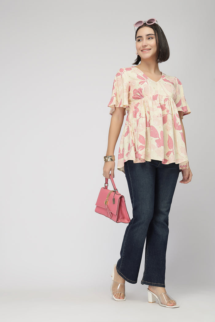 Maternity Printed Top with Zip Feeding - PINK