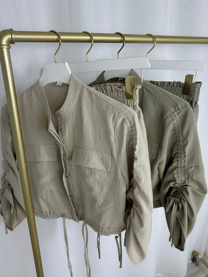 Military Style Ruched Sleeve Button Up Shirt And Shorts Co-Ord (2 Colours)