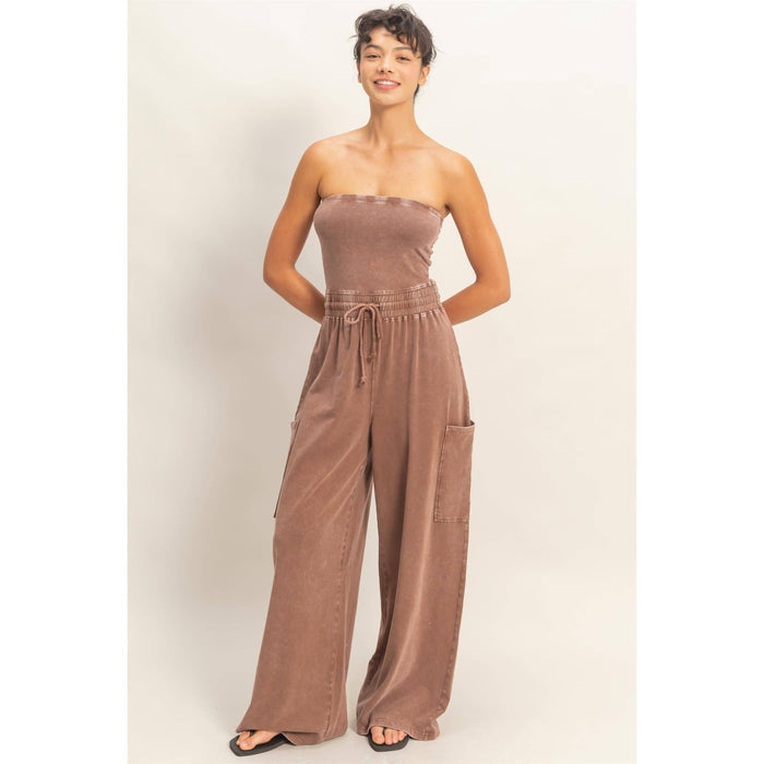 Mineral Wash Strapless Wide Leg Jumpsuit – Relaxed Fit Tube Top Jumpsuit
