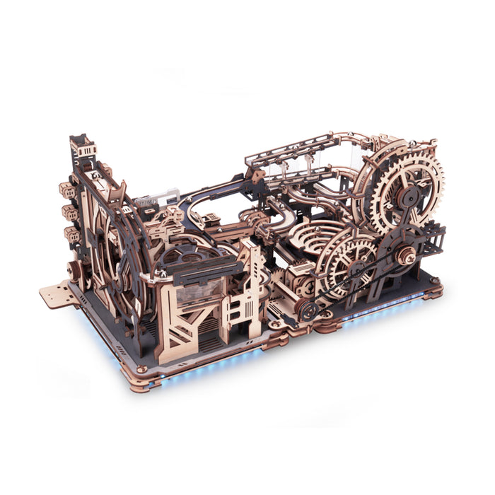 ROKR Marble Run Link Pack assembled model in copper tones with gears and enclosed track on a light blue surface