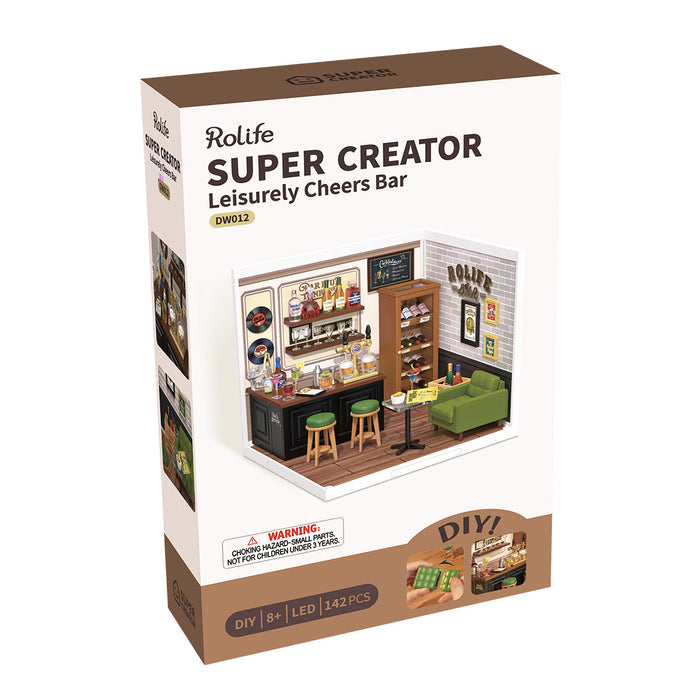 Rolife Leisurely Cheers Bar DW012 DIY miniature dollhouse kit, lifestyle scene on a wooden desk