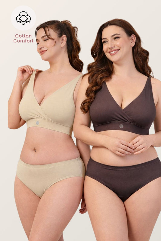 247 Pack of 2 Extra Support Cotton Feeding Bra (Brown, Skin)
