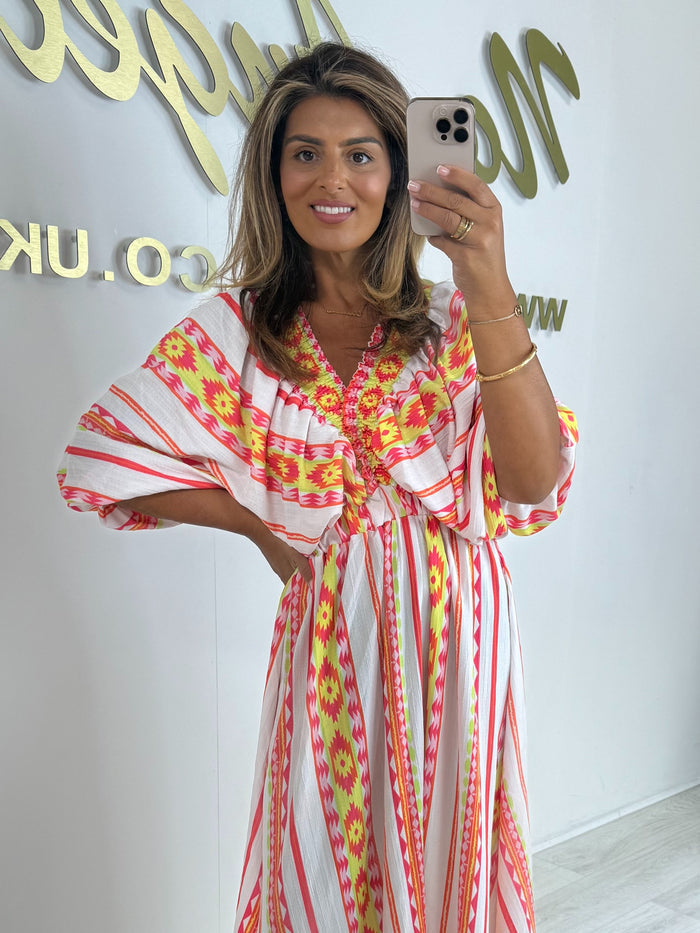 Aztec Print V-Neck Smocked Waist Dress (5 Colours)