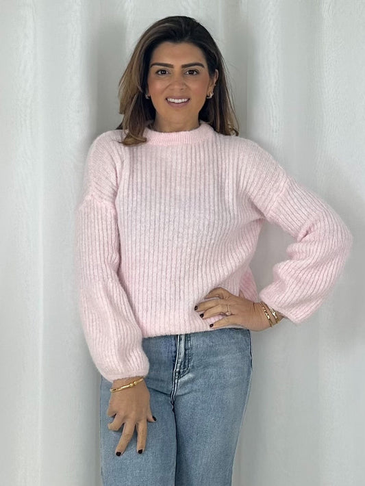 Balloon Sleeve Ribbed Round Neck Jumper (6 Colours)