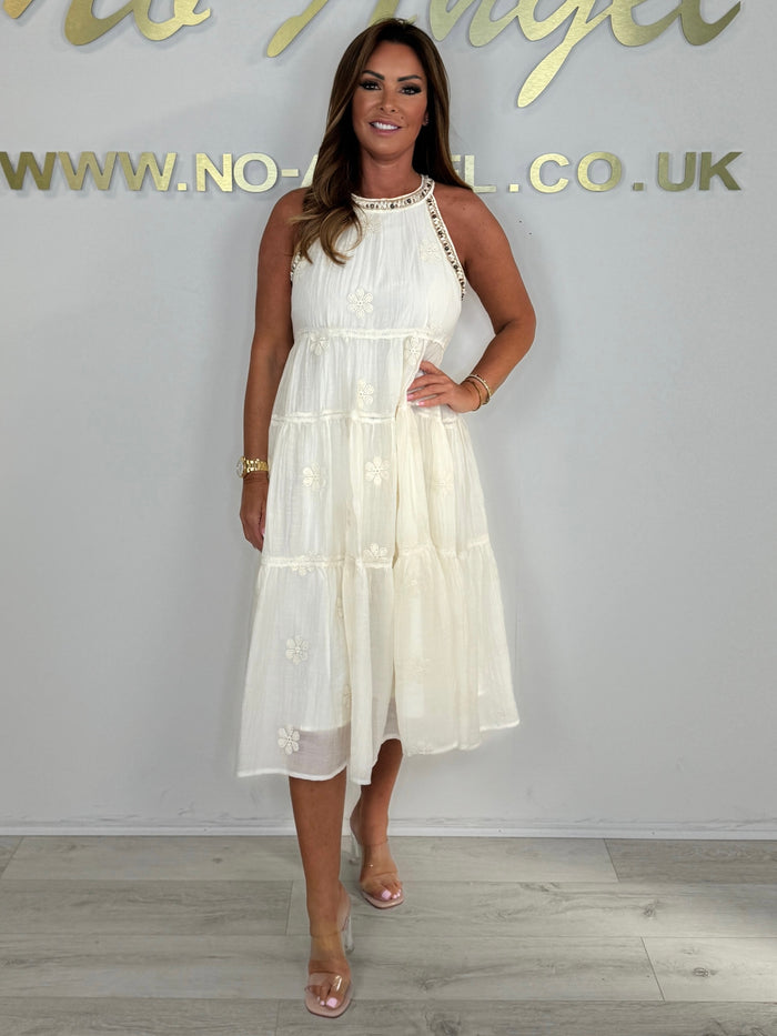 Beaded Neckline Tiered Midi Dress