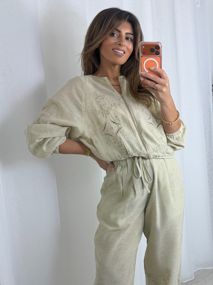 Beige Laser Cut Bomber Jacket Zip Up Trouser Co-Ord