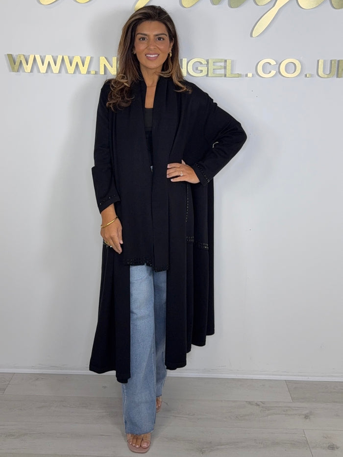 Black Knitted Longline Jewelled Detailed Cardigan With Scarf
