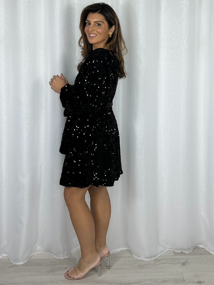 Black Sequin Belted V-Neck Dress