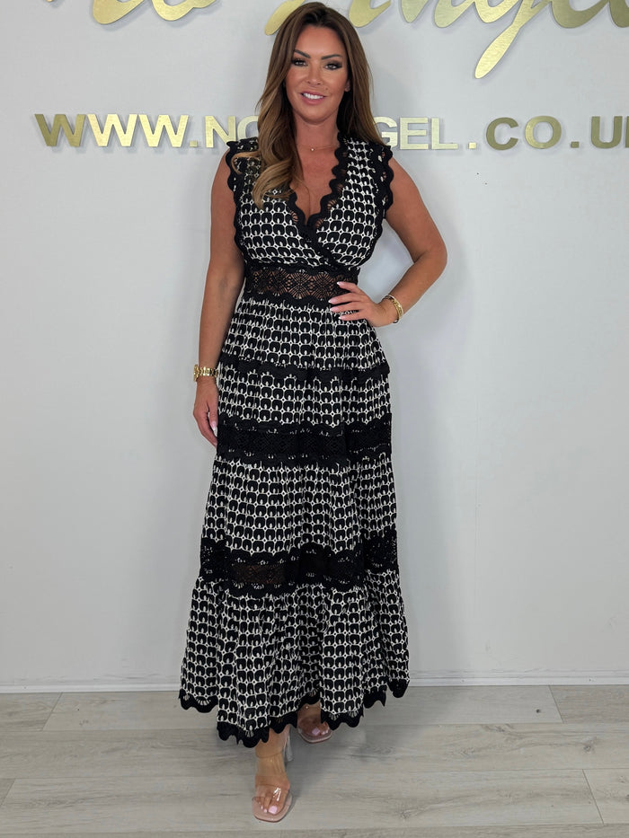 Black/White Laser Cut Wavy Trim Maxi Dress