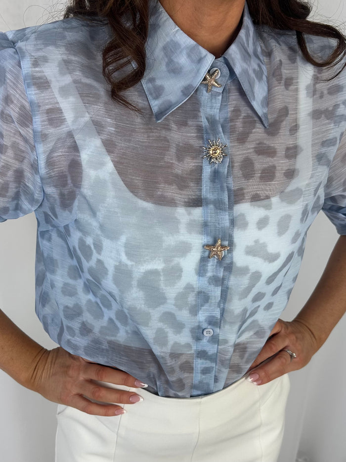 Blue Leopard Print Seashell Button Shirt