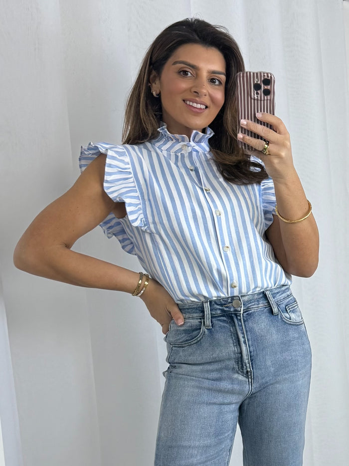 Blue Pinstripe Frill Shoulder Detail High Neck Shirt