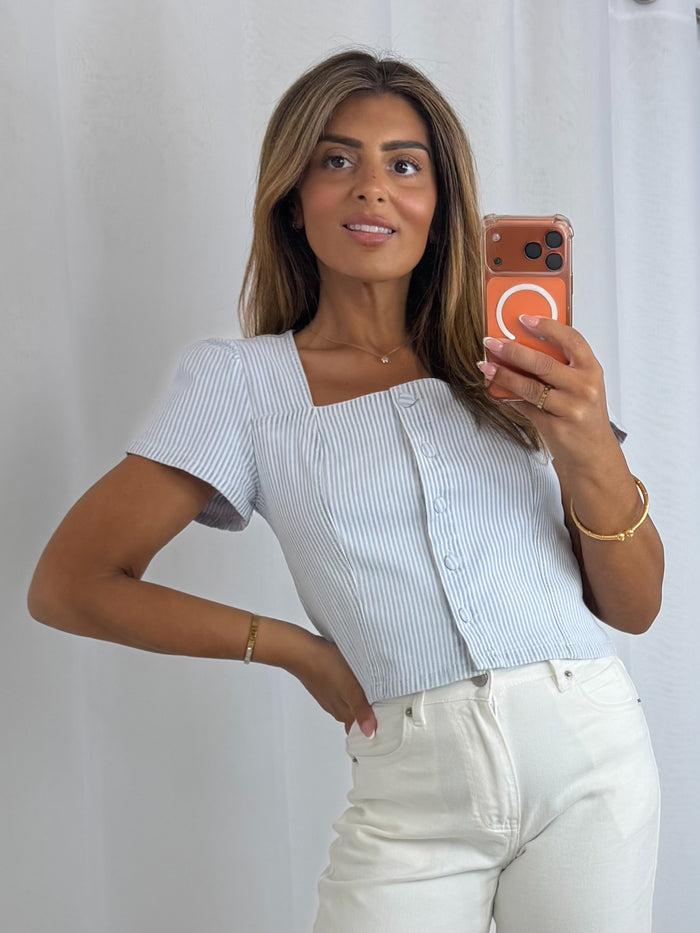Blue/White Square Neck Button Up Top
