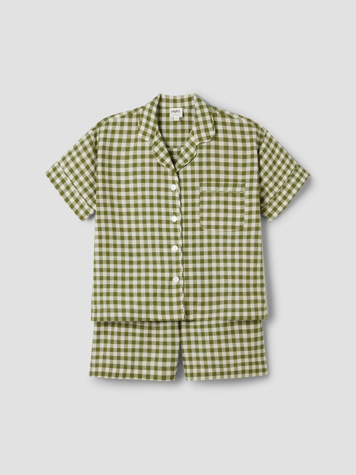 Botanical Green Gingham Linen Blend Pyjama Short Set