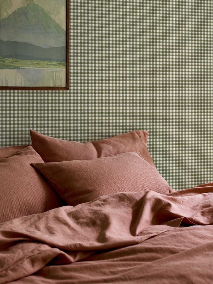 Botanical Green Gingham Wallpaper