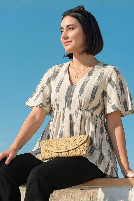 Broad Ikat Gathered Top with Zip - OFF-WHITE