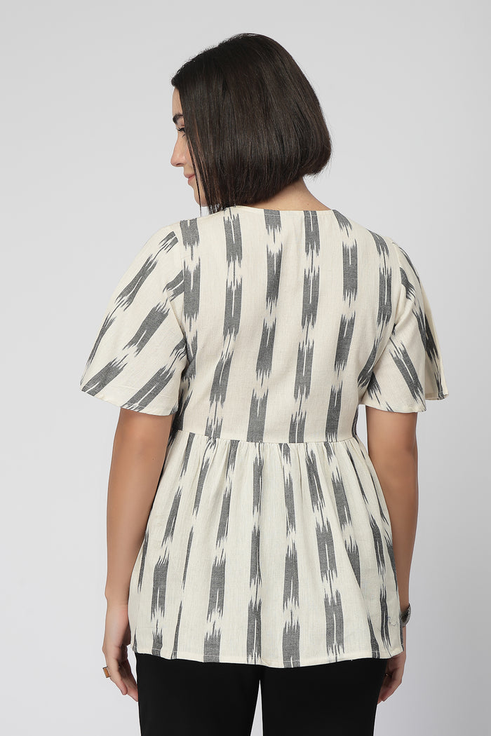Broad Ikat Gathered Top with Zip - OFF-WHITE