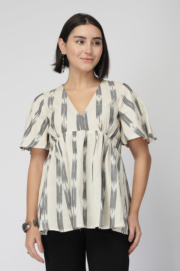 Broad Ikat Gathered Top with Zip - OFF-WHITE