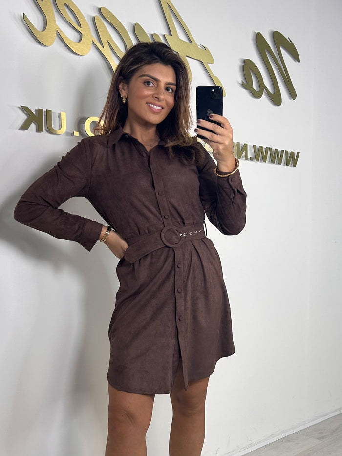 Brown Suede Collared Belted button Up Mini Dress