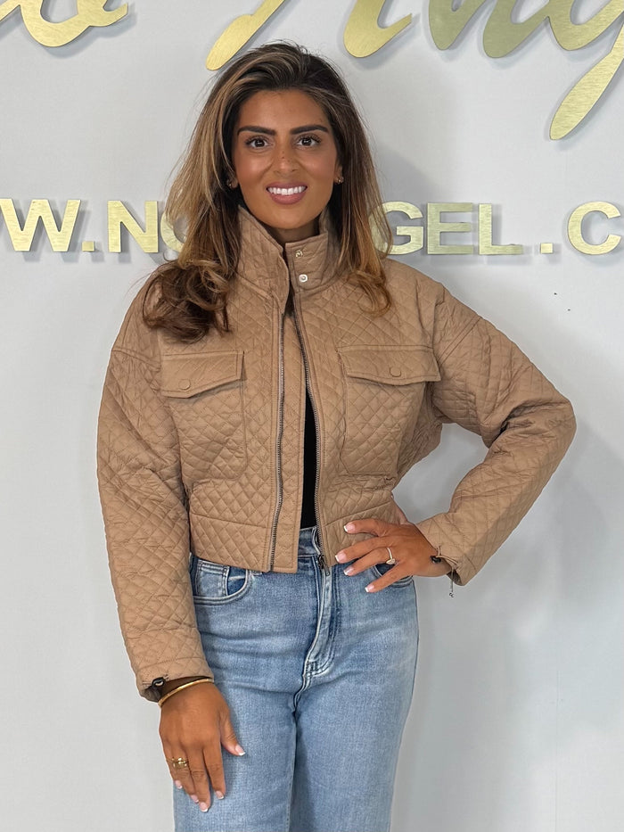 Camel High Neck Quilted Cropped Pocket Jacket
