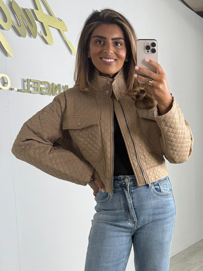 Camel High Neck Quilted Cropped Pocket Jacket