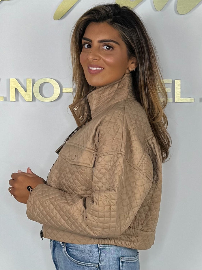 Camel High Neck Quilted Cropped Pocket Jacket