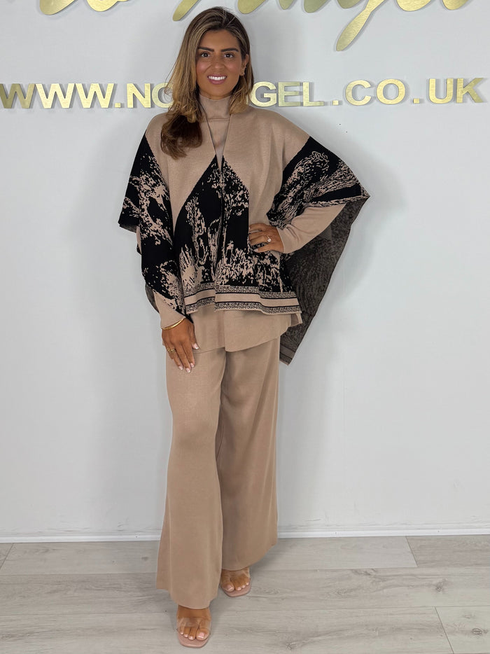 Camel Turtle Neck Lounge Suit & Black/Camel Matching Poncho