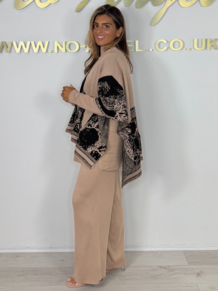 Camel Turtle Neck Lounge Suit & Black/Camel Matching Poncho
