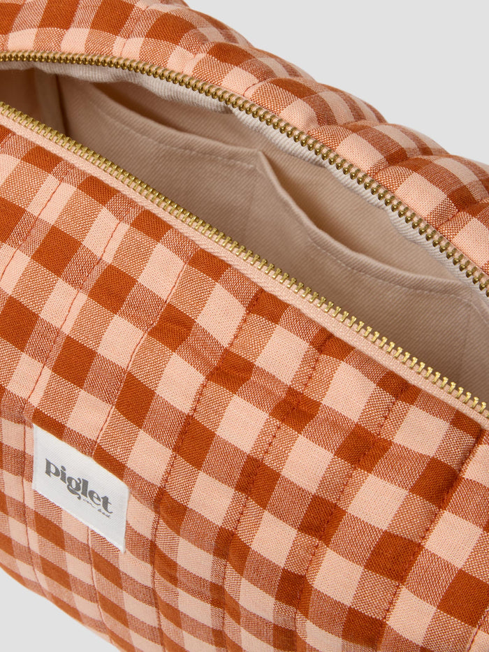 Cinnamon/Peach Colour Drenched Gingham Linen Blend Wash Bag