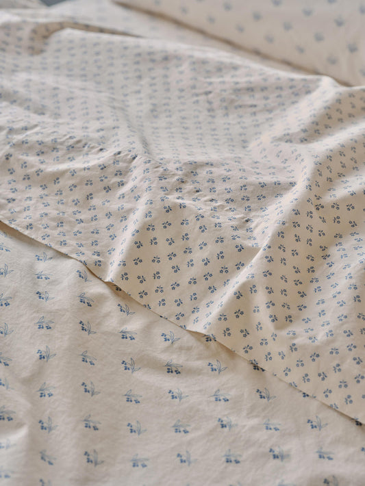 Cove Blue Martha Floral Cotton Flat Sheet