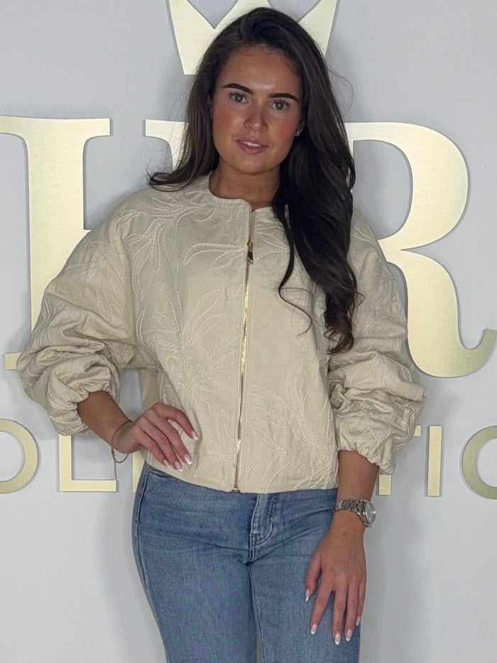 Cream Flower Embroidered Gold Zip Balloon Sleeve Bomber Jacket