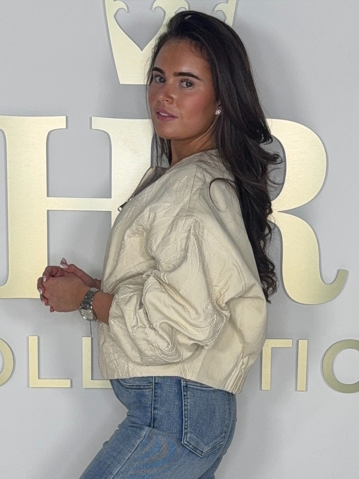 Cream Flower Embroidered Gold Zip Balloon Sleeve Bomber Jacket