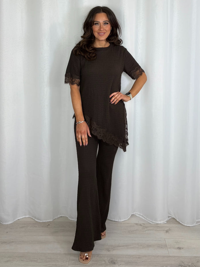 Crinkle Lace Trim Asymmetric Top & Trouser Co-Ord (3 Colours)