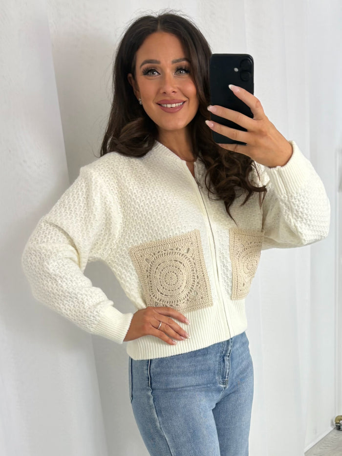 Crochet Pocket Cream Cardigan
