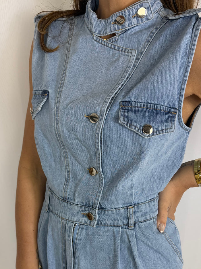 Denim Biker High Neck Button Up Dress