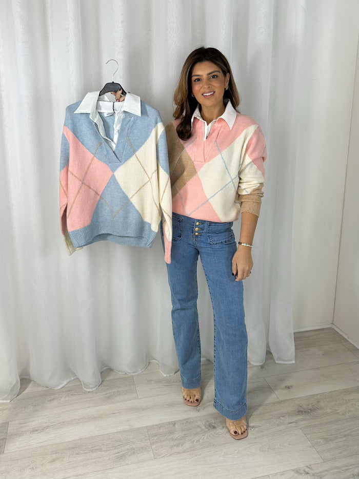 Diamond Detail Pink/Blue Jumper With Under Shirt (2 Colours)