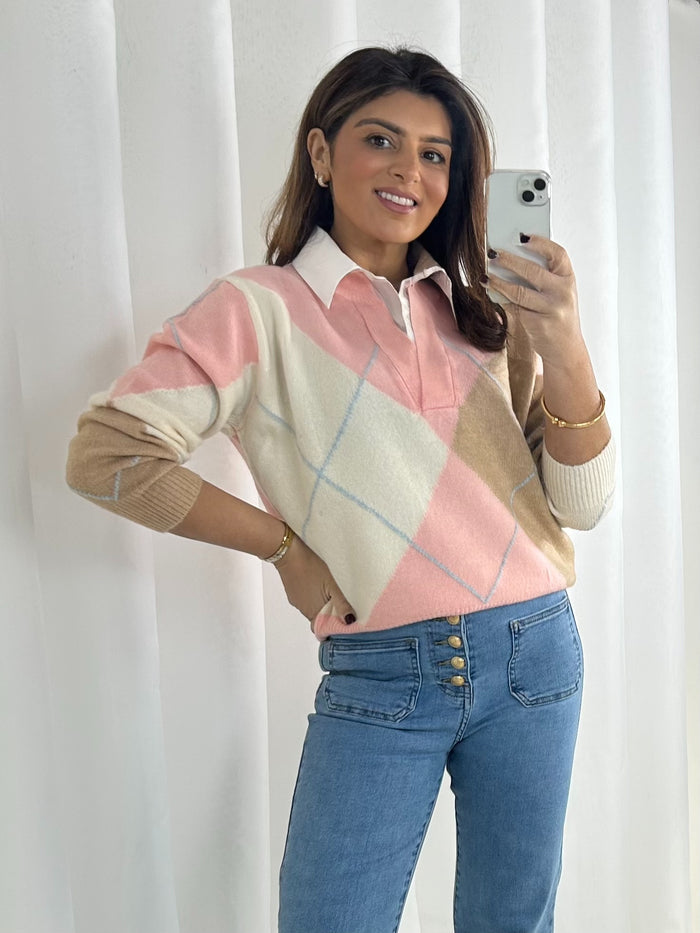Diamond Detail Pink/Blue Jumper With Under Shirt (2 Colours)