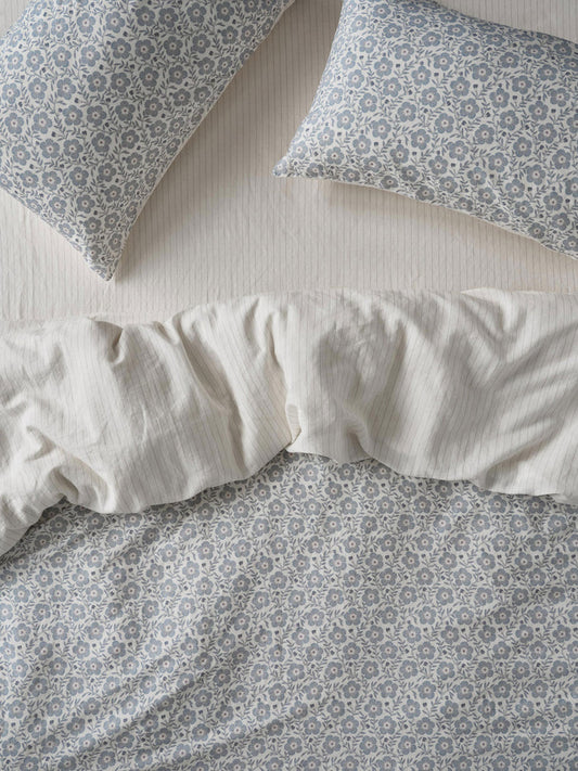 Dusk Blue Folk Floral Linen Blend Duvet Cover
