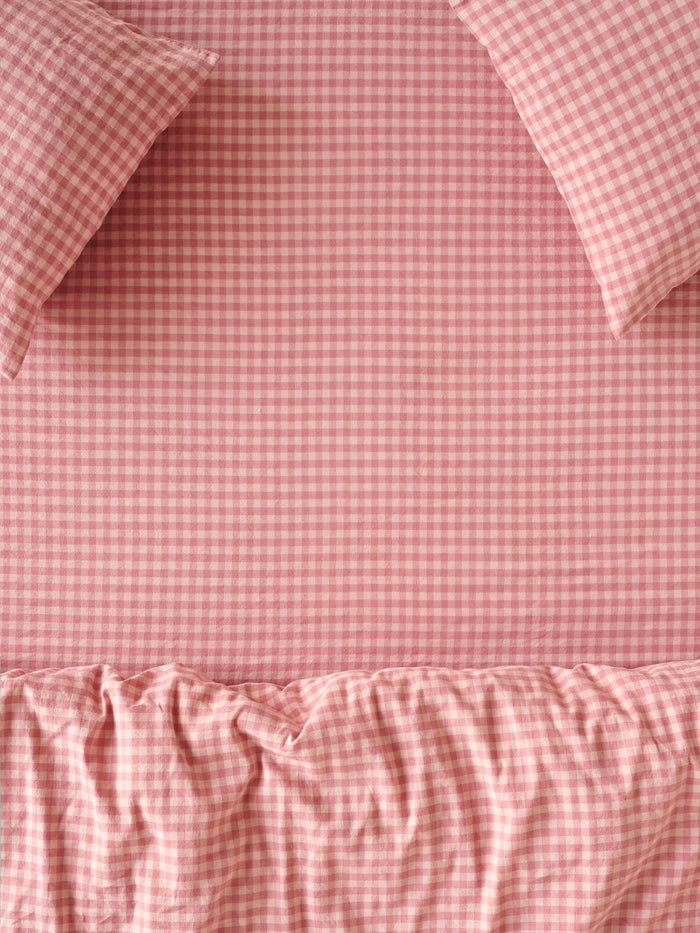 Dusty Pink & Rose Colour Drenched Gingham Linen Blend Fitted Sheet