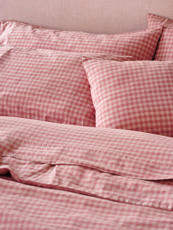 Dusty Pink & Rose Colour Drenched Gingham Linen Blend Pillowcases (Pair)