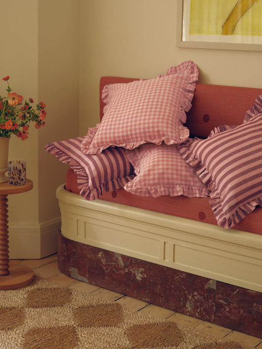 Rhubarb & Rose Pembroke Stripe & Dusty Pink Gingham Frill Linen Blend Filled Cushions