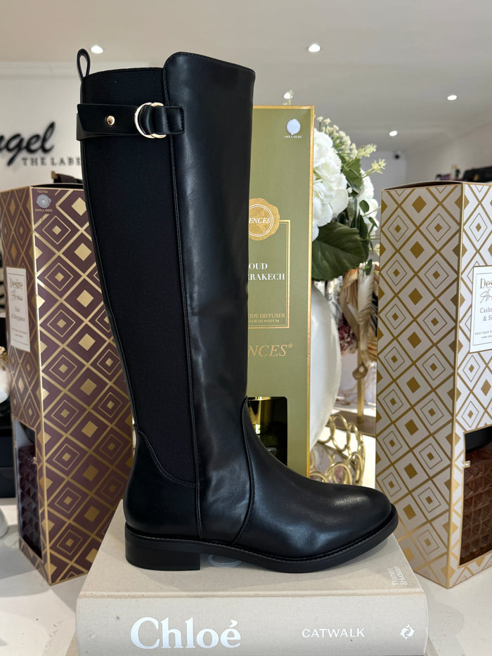 Elastic Back Gold Buckle Knee High Boots (2 Colours)