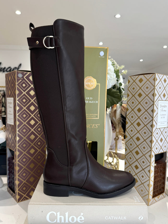 Elastic Back Gold Buckle Knee High Boots (2 Colours)