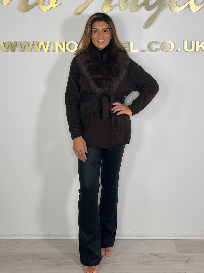 Faux Fur Detail Belted Cardigan (2 Colours)