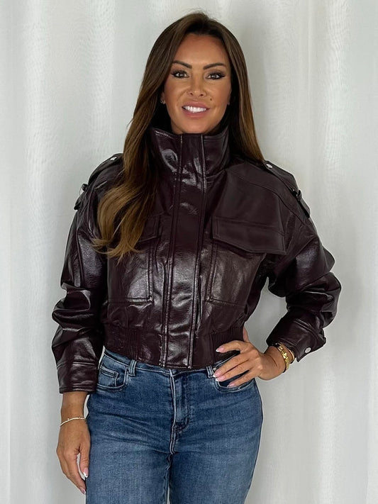 Faux Leather Front Pocket Funnel Neck Jacket