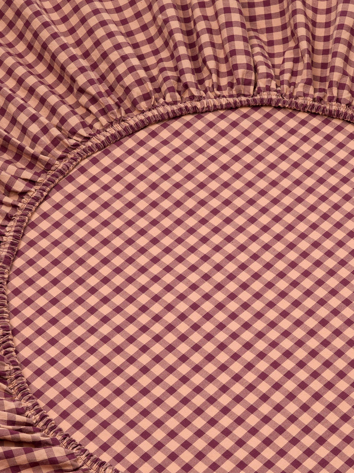 Fig & Blush Pink Gingham Washed Cotton Percale Fitted Sheet