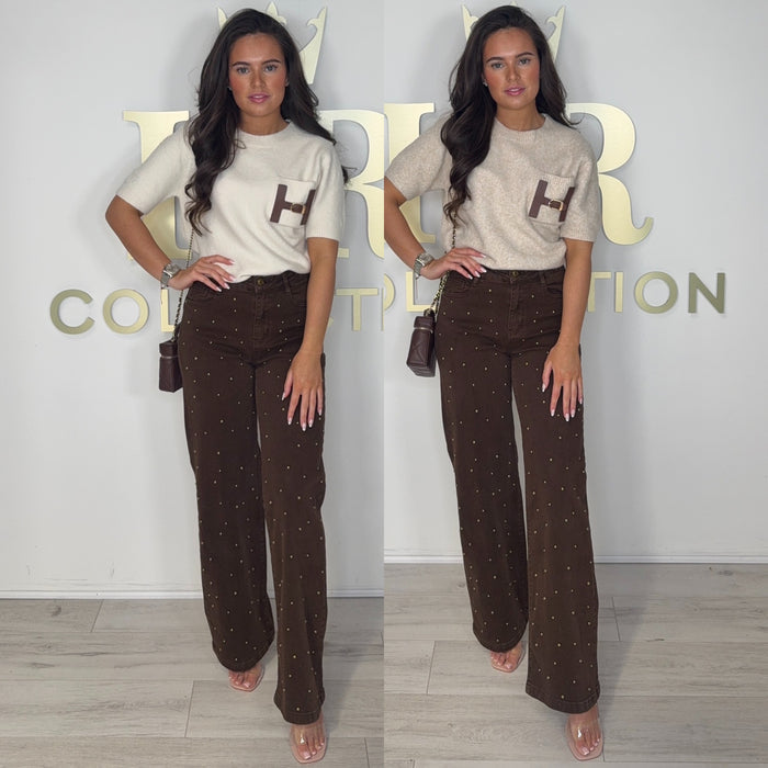 Fluffy Faux Leather H Pocket Short Sleeve Jumper (4 Colours)