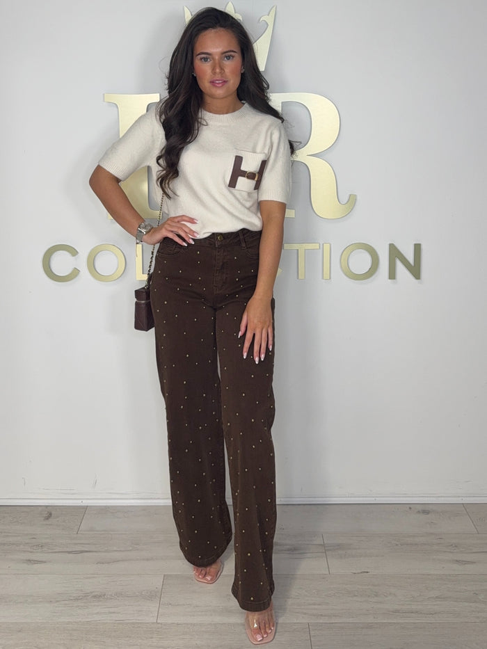 Fluffy Faux Leather H Pocket Short Sleeve Jumper (4 Colours)
