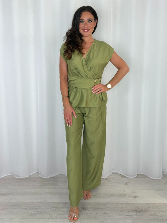 Gold Buckle Cap Sleeve Cross Over Top And Trouser Co-Ord (3 Colours)